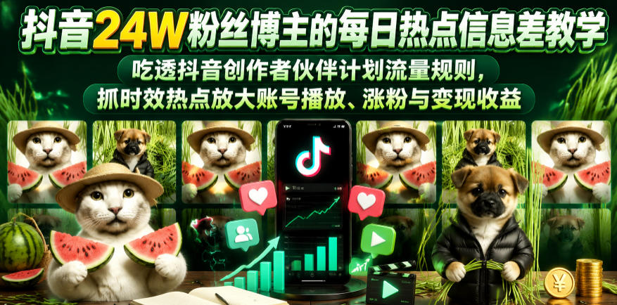 抖音24W粉丝博主的每日热点信息差教学，吃透创作者伙伴计划流量规则，抓时效热点放大账号播放、涨粉与变现收益-云创网