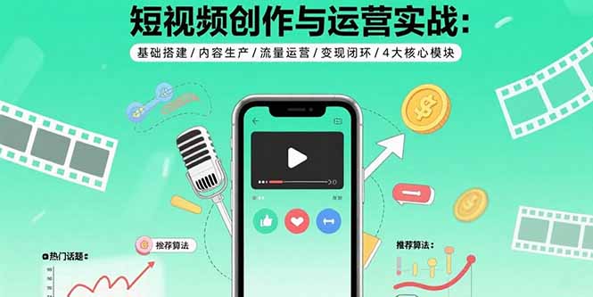 短视频创作与运营实战：基础搭建/内容生产/流量运营/变现闭环/4大核心模块-云创网