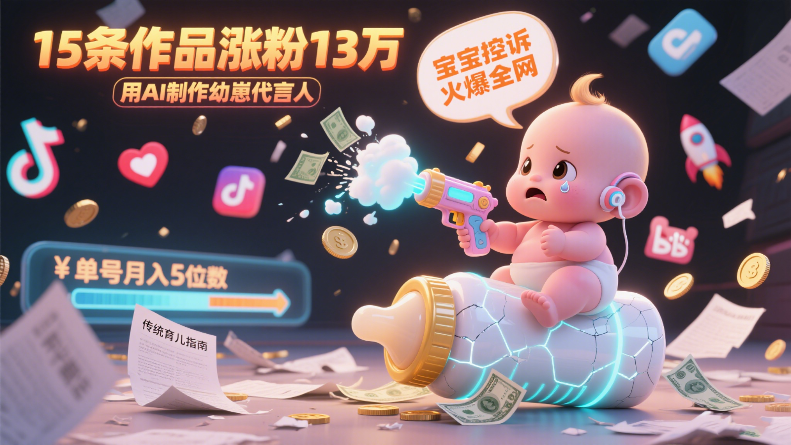 用AI制作幼崽代言人，宝宝的控诉火爆全网，15条作品涨粉13万，单号月入5位数实操教程-云创网