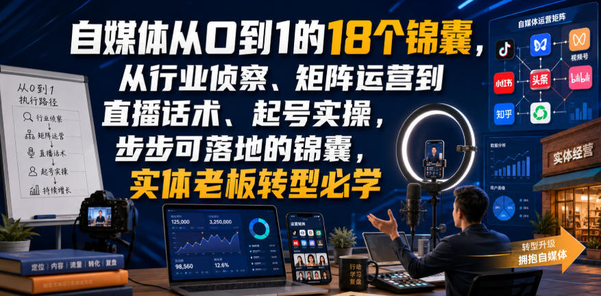 自媒体从0到1的18个锦囊，从行业侦察、矩阵运营到直播话术、起号实操，步步可落地的锦囊，实体老板转型必学-云创网