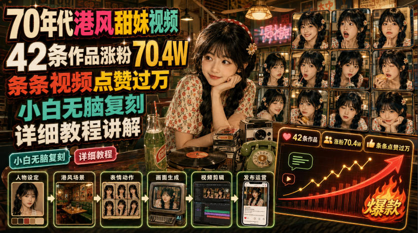 70年代港风甜妹视频，42条作品涨粉70.4W，条条视频点赞过万，小白无脑复刻，详细教程讲解-云创网