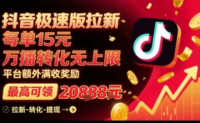 抖音极速版拉新，平台扶持力度大，每单15米，万播转化无上限，平台额外满收奖励-云创网