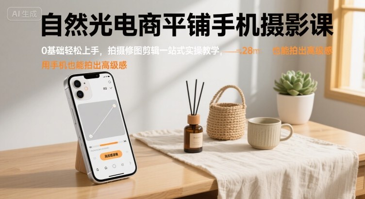 自然光电商平铺手机摄影课，0基础轻松上手，拍摄修图剪辑一站式实操教学，用手机也能拍出高级感-云创网