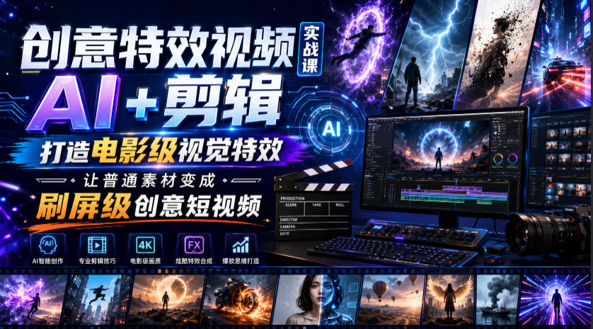 创意特效视频实战课，AI+剪辑打造电影级视觉特效，让普通素材变成刷屏级创意短视频-云创网
