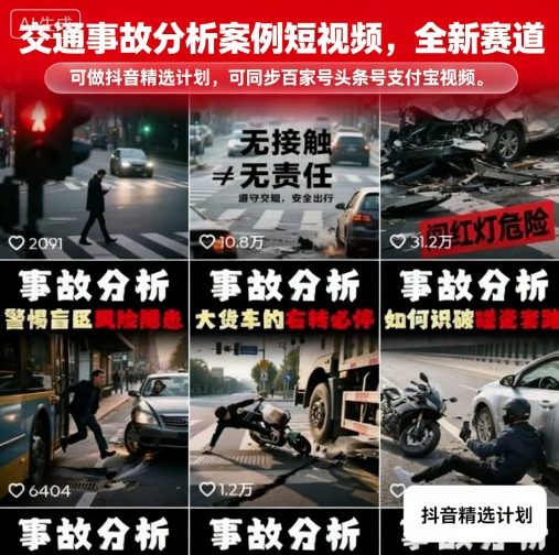 交通事故分析案例短视频，全新赛道，可做抖音精选计划，可同步百家号头条号支付宝视频号平台-云创网