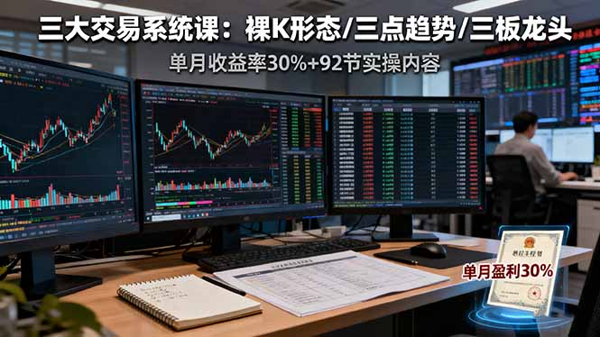 三大交易系统课：裸K形态/三点趋势/三板体系，单月收益率30%+92节实操内容-云创网