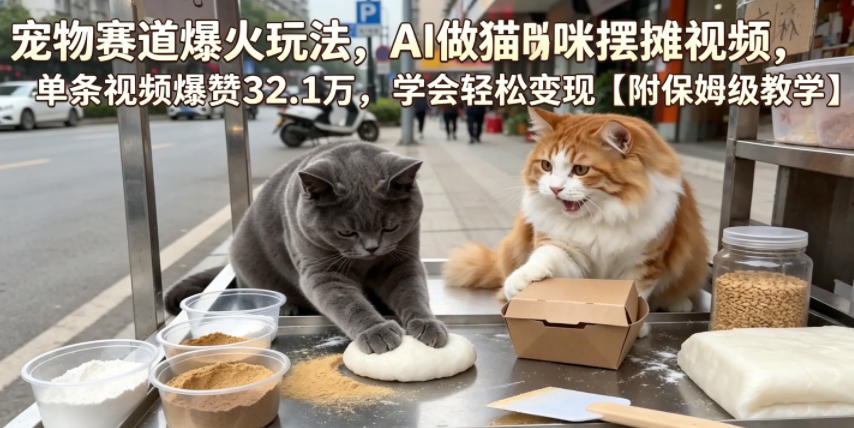 宠物赛道爆火玩法，AI做猫咪摆摊视频，单条视频爆赞32.1万，学会轻松变现【附保姆级教学】-云创网