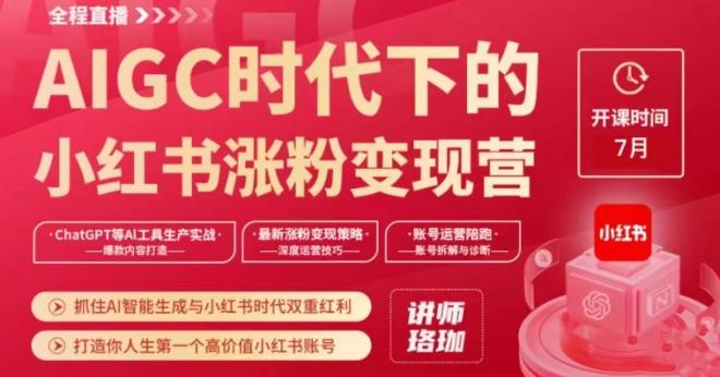 AIGC时代下的小红书涨粉变现训练营，抓住AI智能生成与小红书时代双重红利，打造你人生第一个高价值小红书账号-云创网