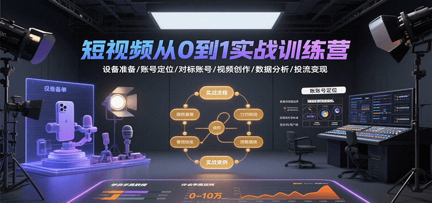 短视频从0到1实战训练营：设备准备/账号定位/对标账号/视频创作/数据分析/投流变现-云创网