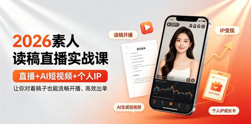 2026素人读稿直播实战课｜直播+AI短视频+个人IP，让你对着稿子也能流畅开播、高效出单-云创网