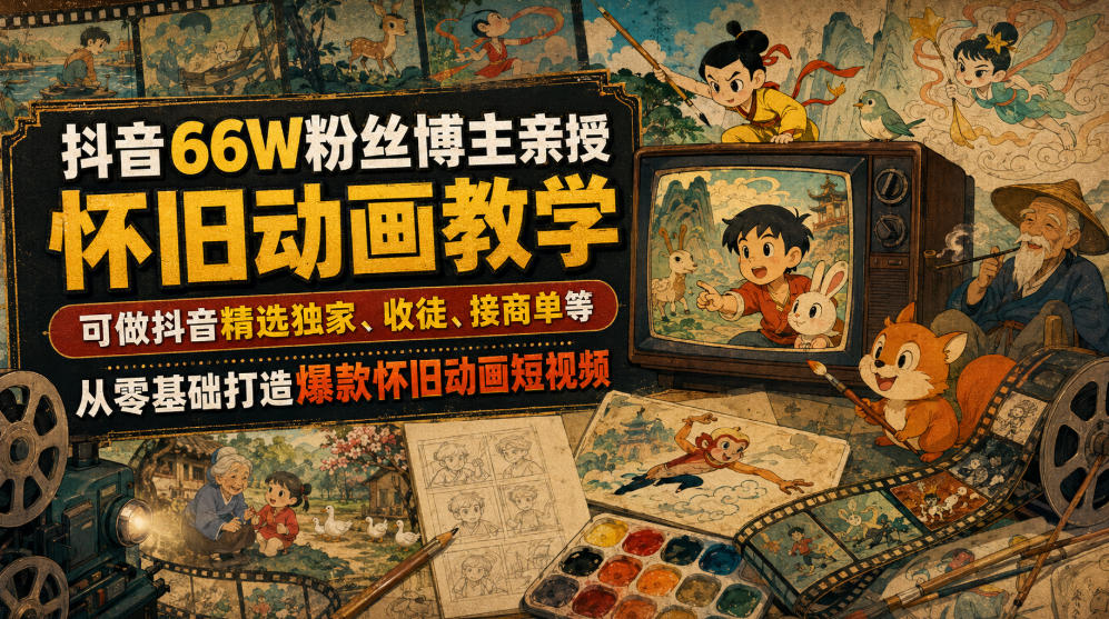 抖音66W粉丝博主亲授怀旧动画教学，可做抖音精选独家、收徒、接商单等，从零基础打造爆款怀旧动画短视频-云创网