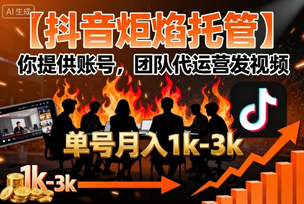 【抖音炬焰托管】你提供账号，团队代运营发视频，单号月入1k+【揭秘】-云创网