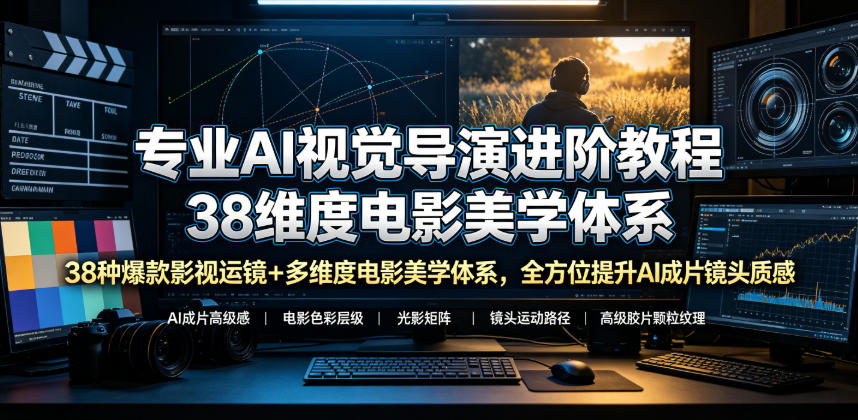 专业AI视觉导演进阶教程，38种爆款影视运镜+多维度电影美学体系，全方位提升AI成片高级感与镜头质感-云创网