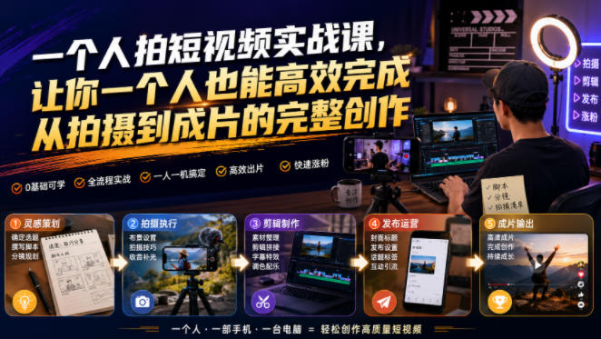 一个人拍短视频实战课，让你一个人也能高效完成从拍摄到成片的完整创作-云创网
