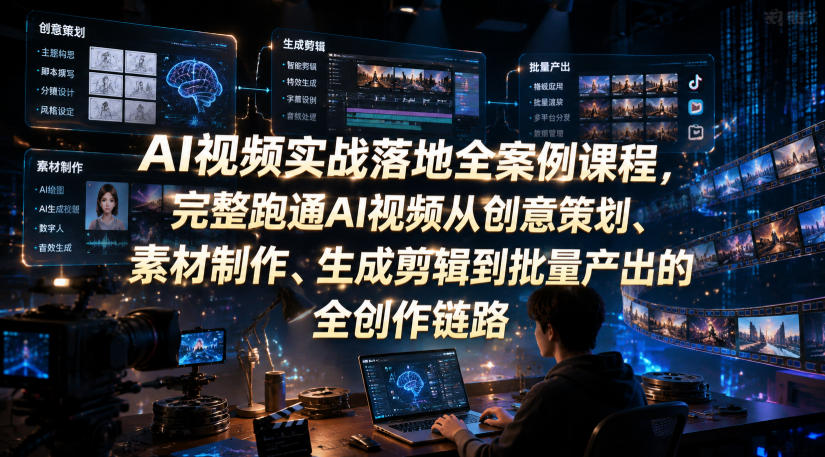 AI视频实战落地全案例课程，完整跑通AI视频从创意策划、素材制作、生成剪辑到批量产出的全创作链路-云创网