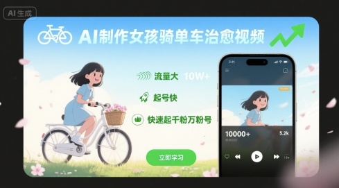 AI制作女孩骑单车治愈视频，流量大，起号快，快速起千粉万粉号-云创网