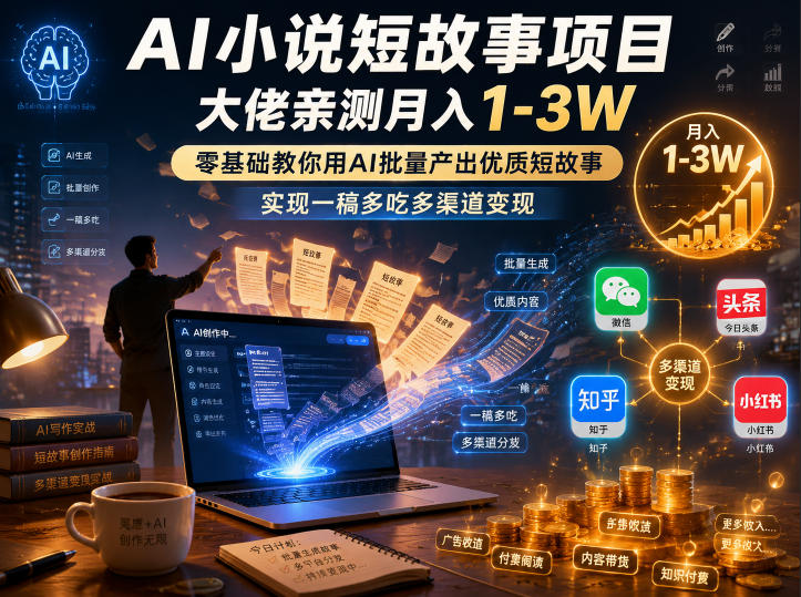 AI小说短故事项目，大佬亲测月入1-3W，零基础教你用AI批量产出优质短故事，实现一稿多吃多渠道变现（更新0624）-云创网