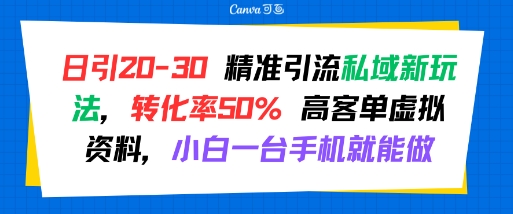 日引 20-30 精准引流私域新玩法，转化率50% 高客单虚拟资料，小白一台手机就能做-云创网