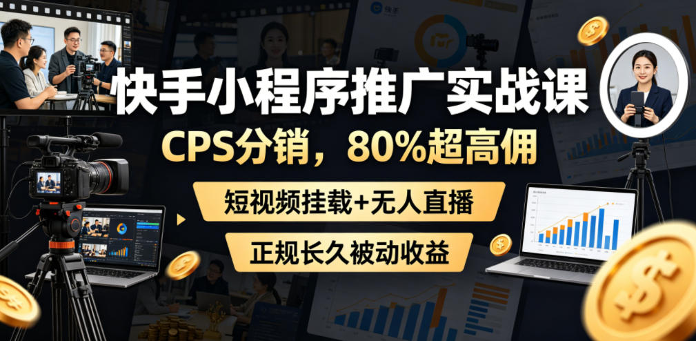 快手小程序推广实战课，CPS分销，80%超高佣，短视频挂载+无人直播，正规长久被动收益-云创网