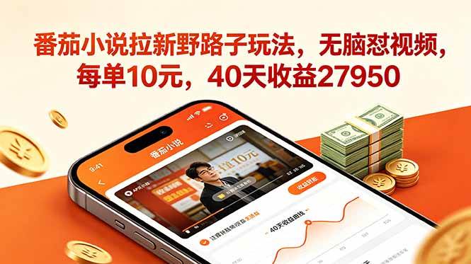 （18751期）番茄小说拉新野路子玩法，无脑怼视频，每单10元，40天收益27950-云创网