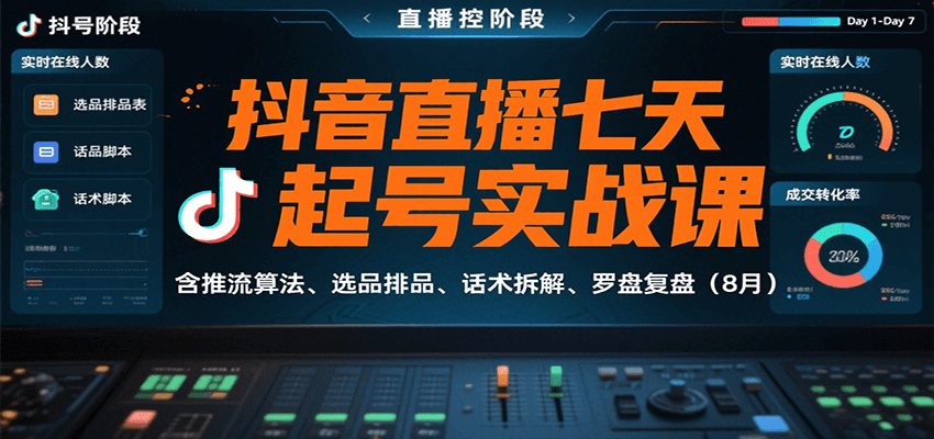 抖音直播七天起号实战课：含推流算法、选品排品、话术拆解、罗盘复盘(8月)-云创网