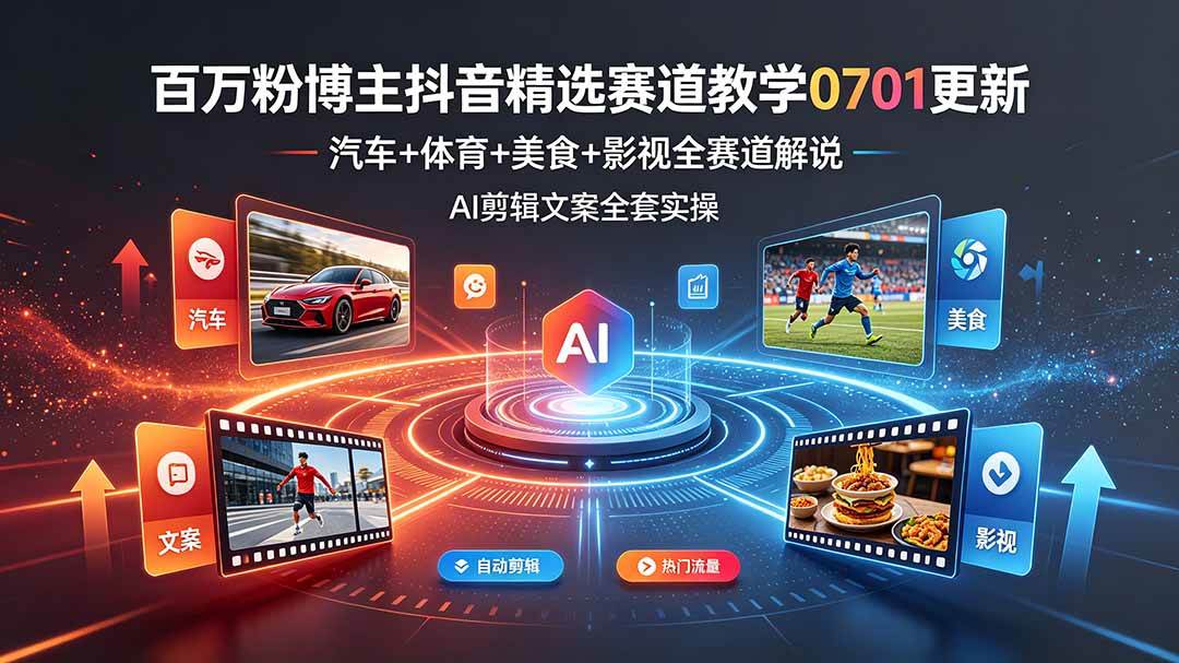 （19144期）百万粉博主抖音精选赛道教学-0701更新，汽车+体育+美食+影视全赛道解说，AI剪辑文案全套实操-云创网