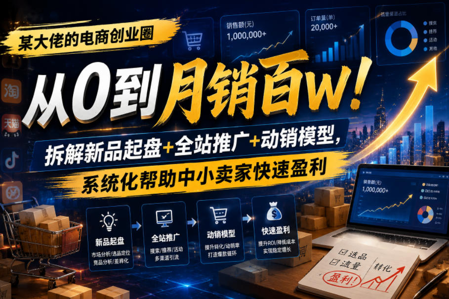 某大佬的电商创业圈从0到月销百W！拆解新品起盘+全站推广+动销模型，系统化帮助中小卖家快速盈利-云创网