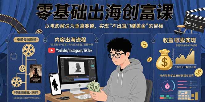 零基础出海创富课：以电影解说为垂直赛道，实现不出国门赚美金的目标-云创网