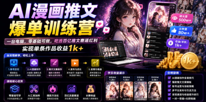 AI漫画推文爆单训练营，一台电脑，零基础可做，吃透百亿推文赛道红利，实现单条作品收益1k+-云创网