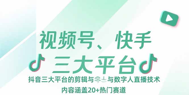视频号、快手、抖音三大平台的剪辑与数字人直播技术，内容涵盖20+热门赛道-云创网