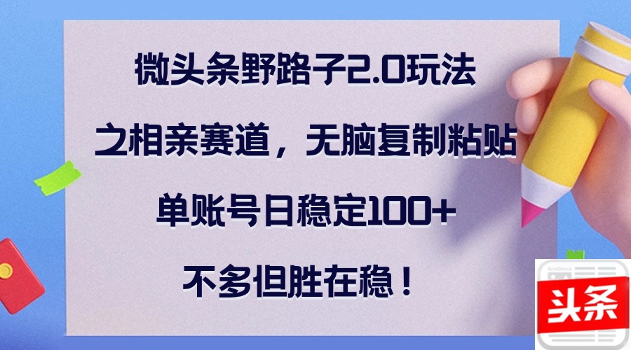 微头条野路子2.0玩法之相亲赛道，无脑复制粘贴，单账号日稳定100+，不…-云创网