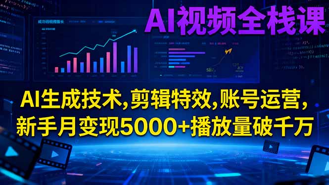 AI视频全栈课:AI生成技术,剪辑特效,账号运营,新手月变现5000+播放量破千万-云创网