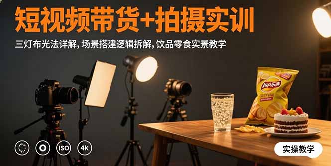 短视频带货+拍摄实训：三灯布光法详解,场景搭建逻辑拆解,饮品零食实景教学-云创网
