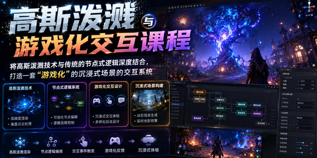 高斯泼溅与游戏化交互课程，将高斯泼溅技术与传统的节点式逻辑深度结合，打造一套“游戏化”的沉浸式场景的交互系统-云创网