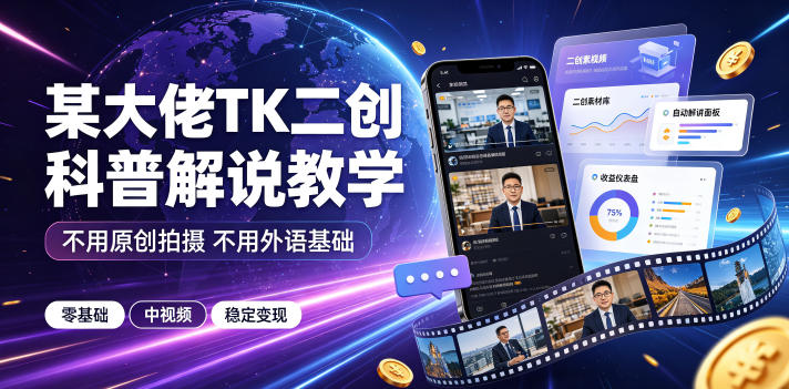 某大佬TK二创科普解说教学，不用原创拍摄不用外语基础，零基础做TikTok中视频稳定变现-云创网