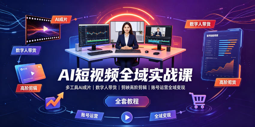 AI短视频全域实战课｜多工具AI成片、数字人带货、剪映高阶剪辑、账号运营全域变现全套教程-云创网