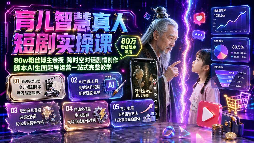 （19663期）育儿智慧真人短剧实操课｜80w粉丝博主亲授，跨时空对话剧情创作，脚本AI生图起号运营一站式完整教学-云创网