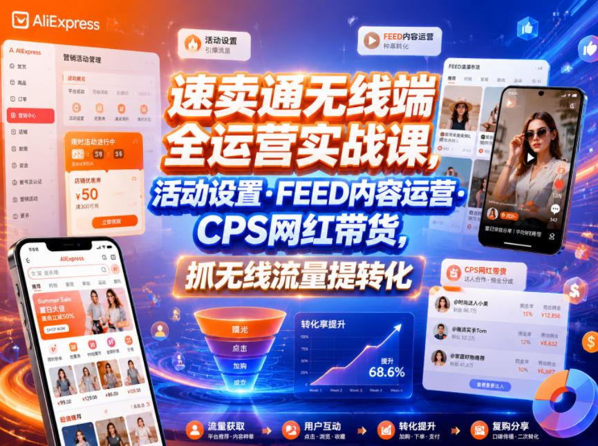 速卖通无线端全运营实战课，活动设置・FEED内容运营・CPS网红带货，抓无线流量提转化-云创网
